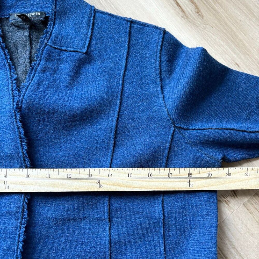 Eileen Fisher Blue Wool Snap Closure Fringe edges size PL - Picture 6 of 8